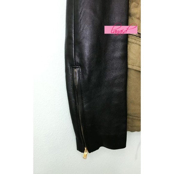 Zara Linen Lamb Leather Jacket Army Olive Green Utility Moto Edgy Biker Coat XS - Picture 12 of 16